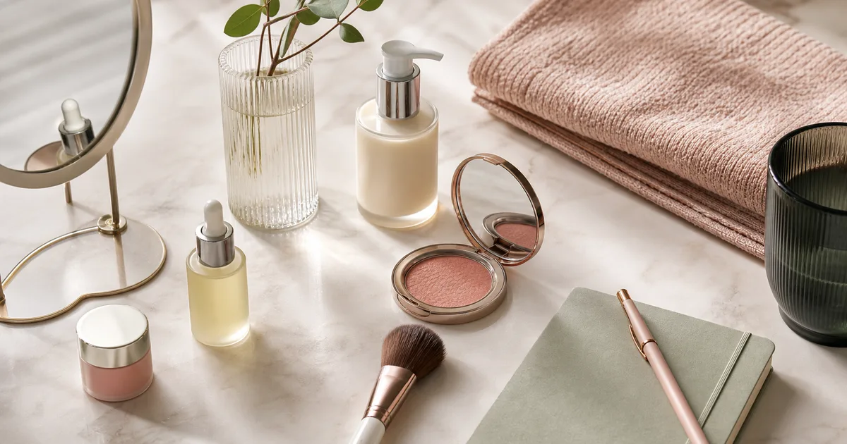 Mesa de belleza con productos de cuidado, maquillaje y libreta para decidir rutinas con criterio